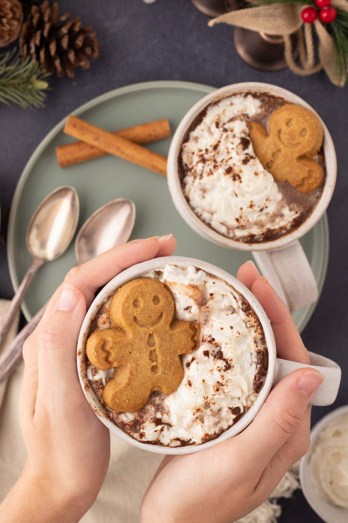 Two hands picking up a white mug of gingerbread hot chocolate.