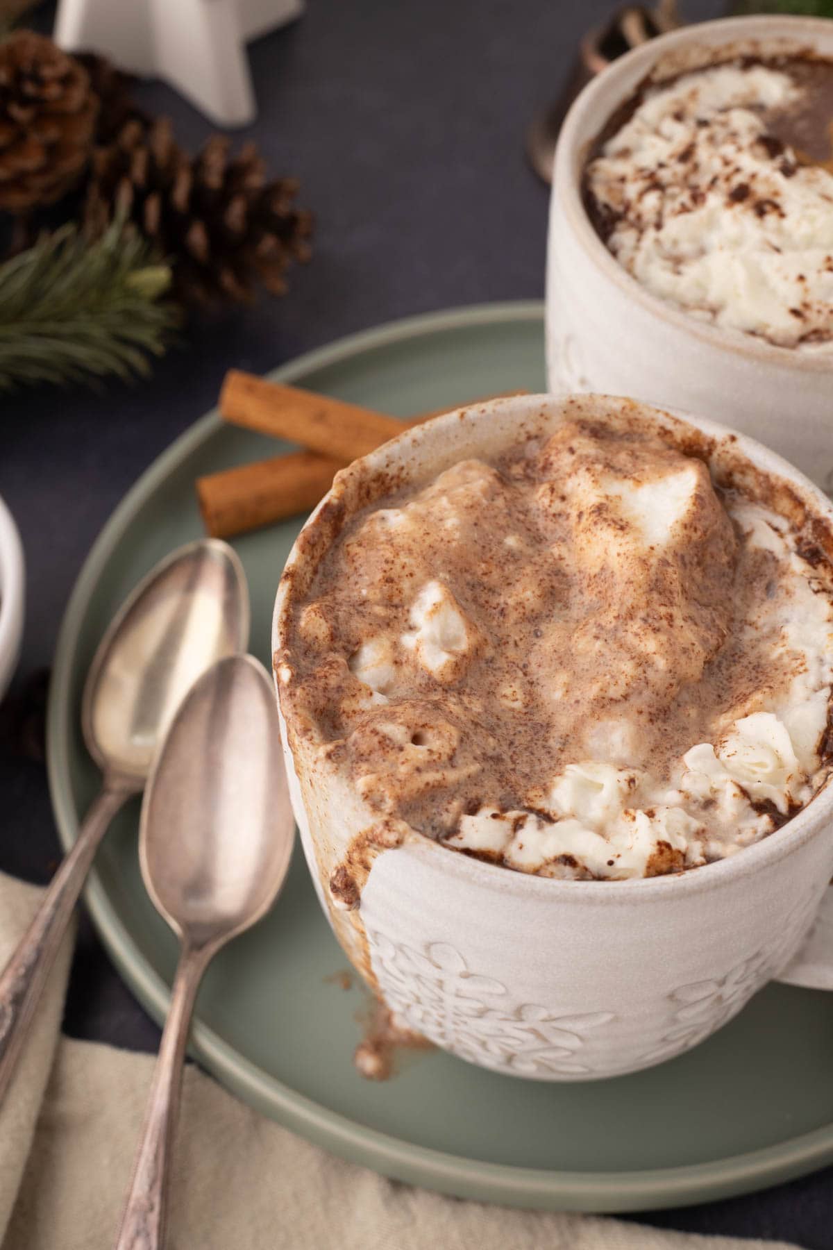 Hot chocolate in a mug with marshmallows.