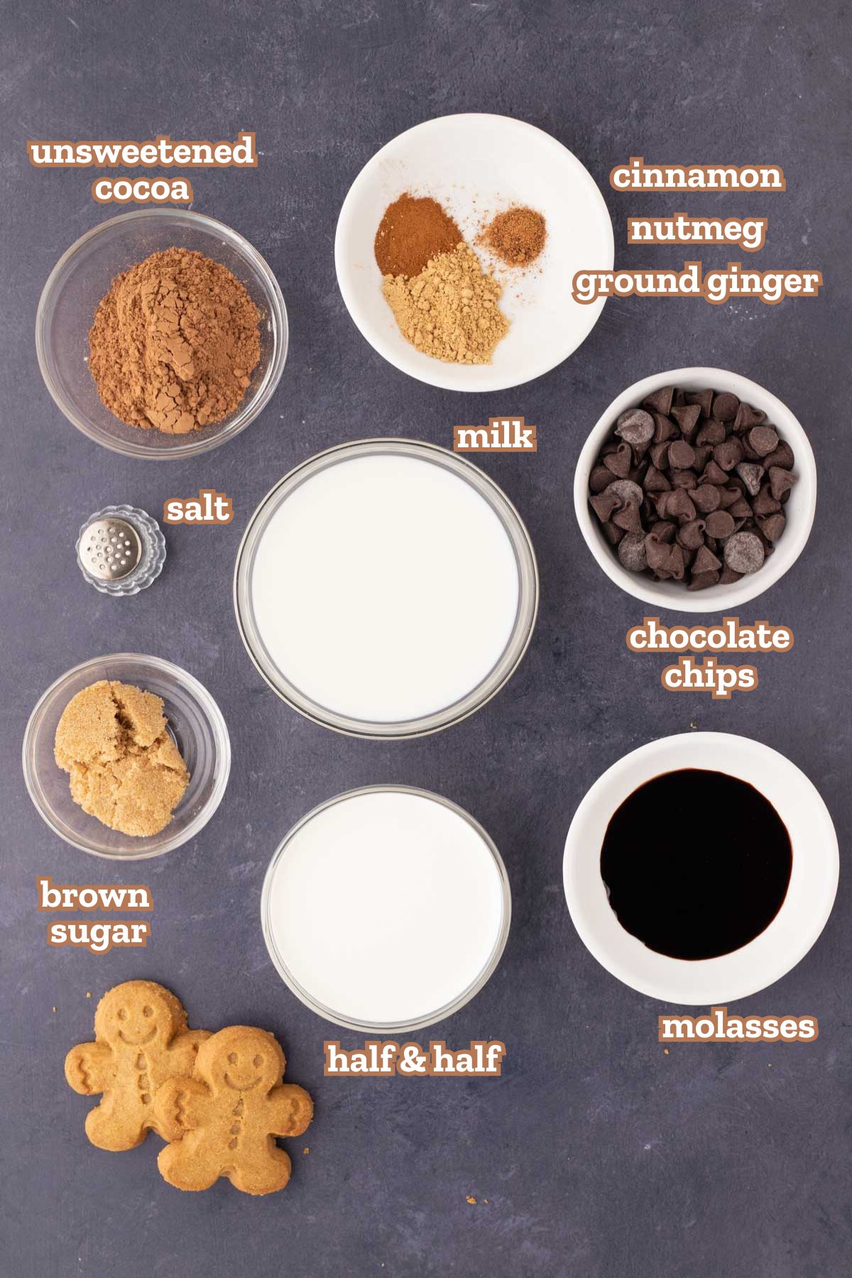 Labeled ingredients needed to make gingerbread hot cocoa.