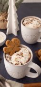 Gingerbread Hot Chocolate image in a Christmas mug with a gingerbread man cookie on top.