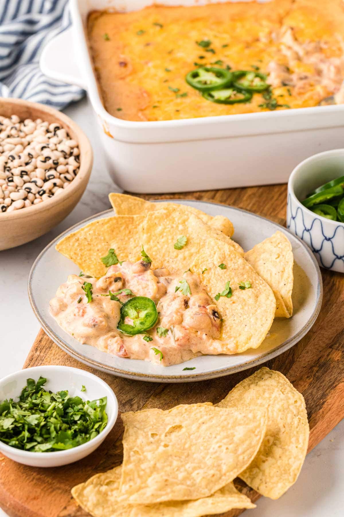 An appetizer plate filled with a scoop of dip and tortilla chips.