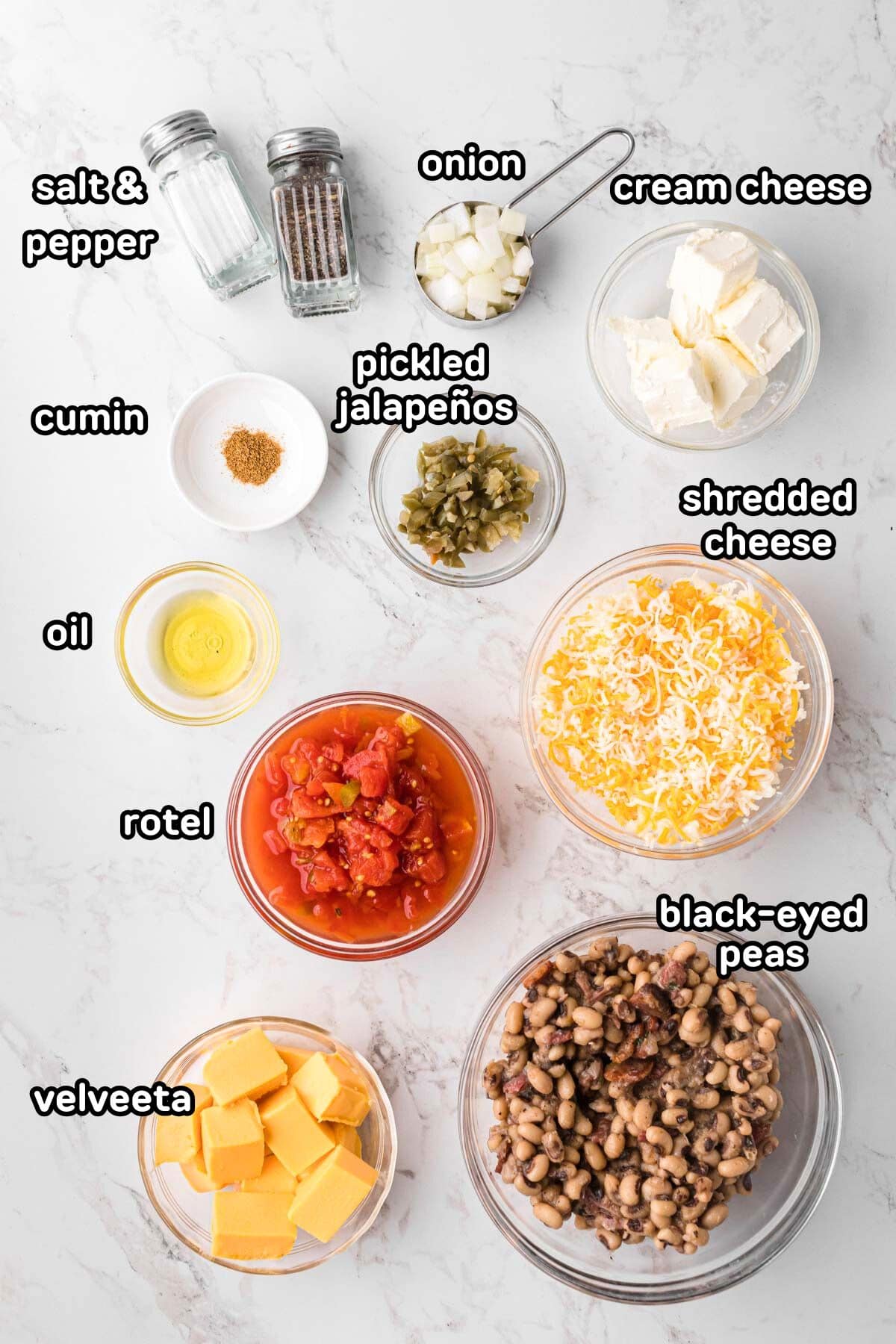 A labeled image of ingredients needed to make hot Black Eyed Peas dip.