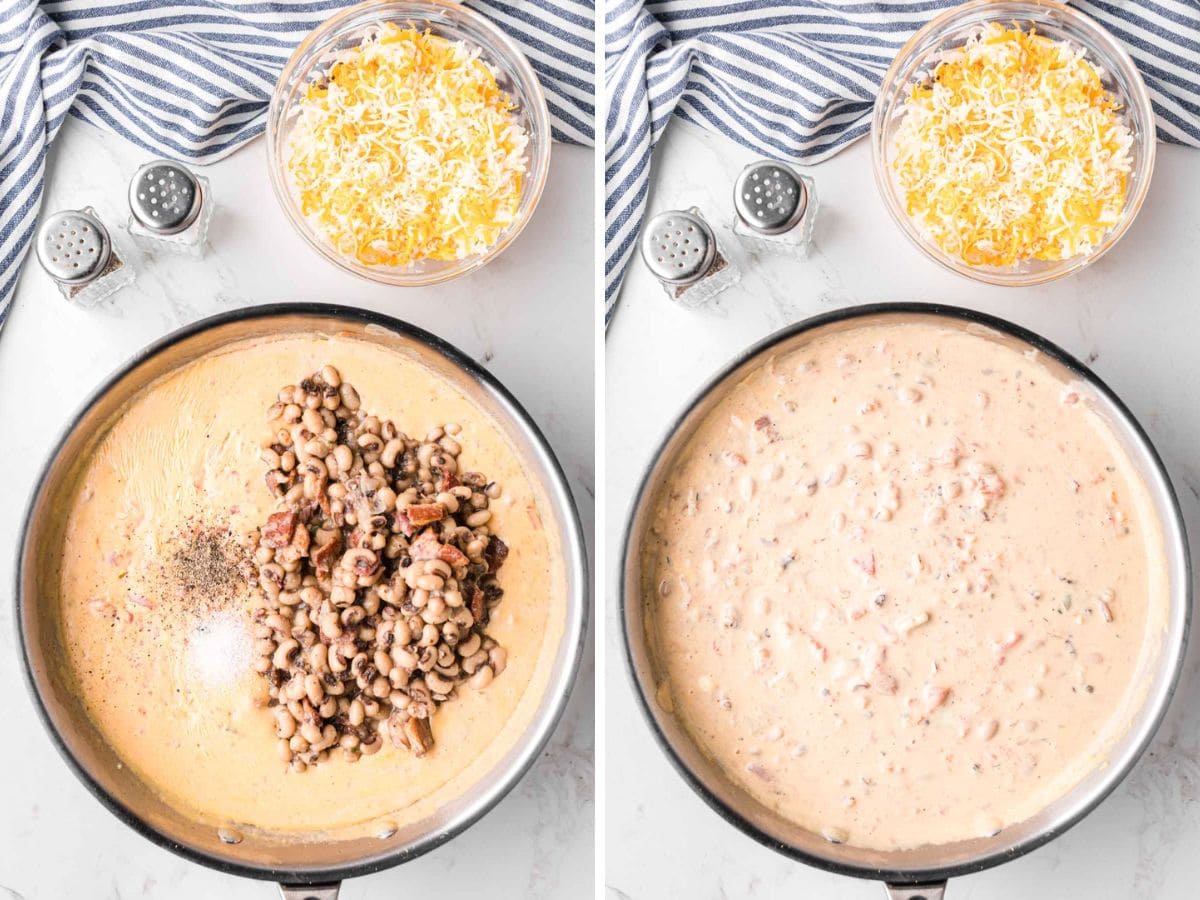 Side-by-side image of Black Eyed Peas and salt and pepper added to the cheese mixture and then started to combine.