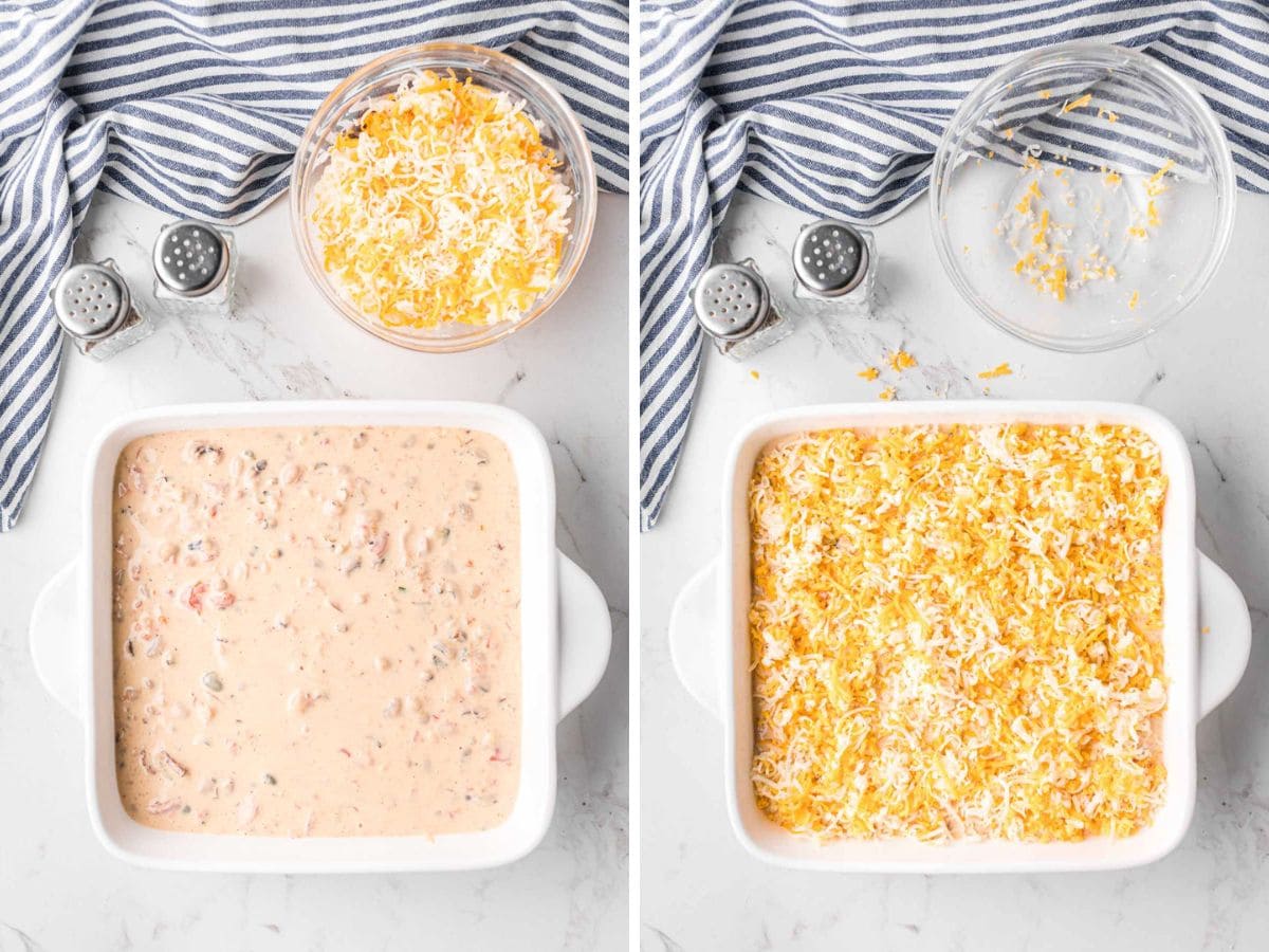 A side-by-side image of the Black Eyed Peas dip poured into a baking dish and then top with shredded cheese.