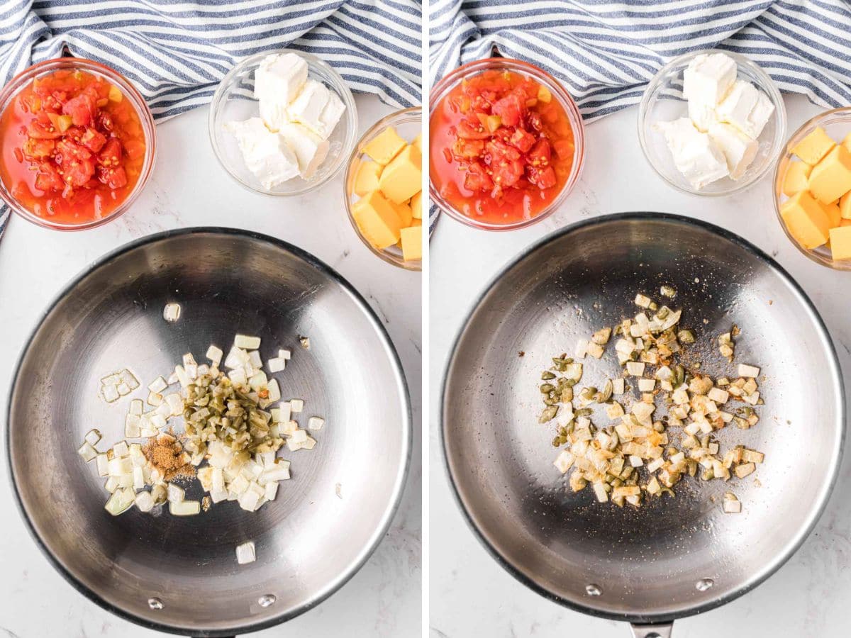 Side-by-side image of diced jalapeños and cumin, added to the onions and sautéed.