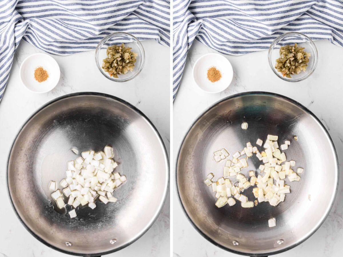 Side-by-side image of diced onions, added to a skillet and sautéed.