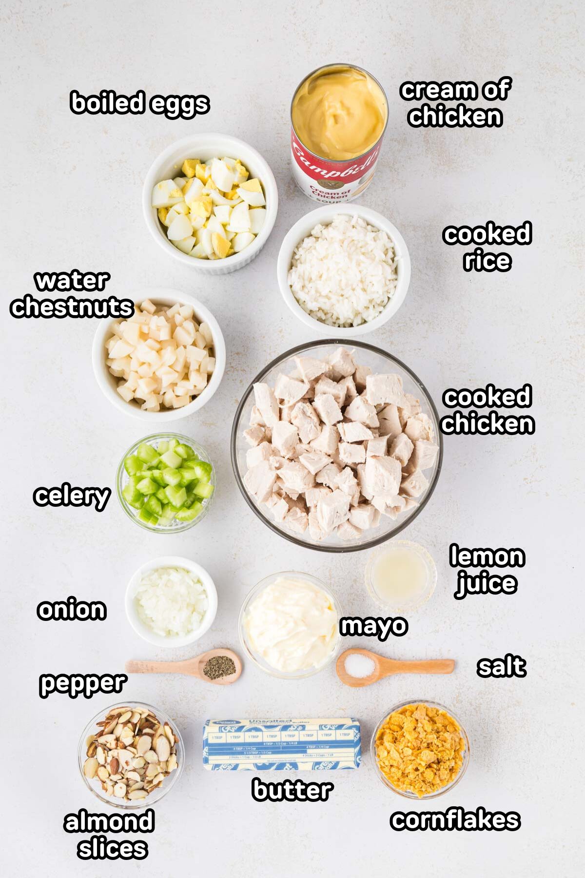 An image of labeled ingredients needed to make hot chicken salad casserole.