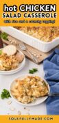 2 White bowls are on a table with a casserole dish filled with hot chicken casserole.