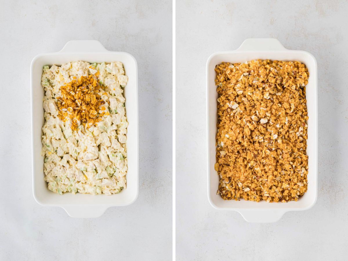 A side-by-side image of pouring the cornflakes on top of the casserole, and then after it is evenly spread over the top.