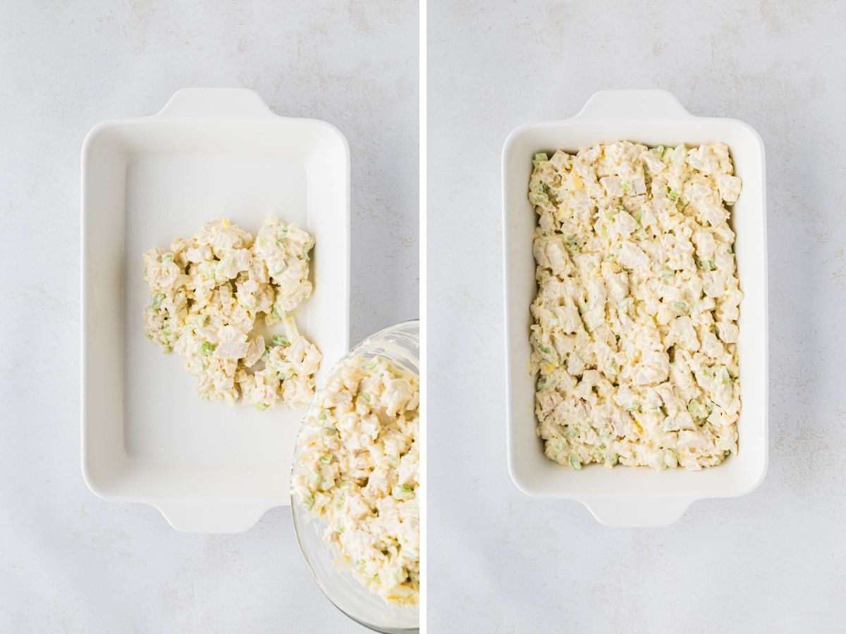 A side-by-side image of pouring the chicken salad filling into a white casserole dish and then it's distributed evenly in the dish.