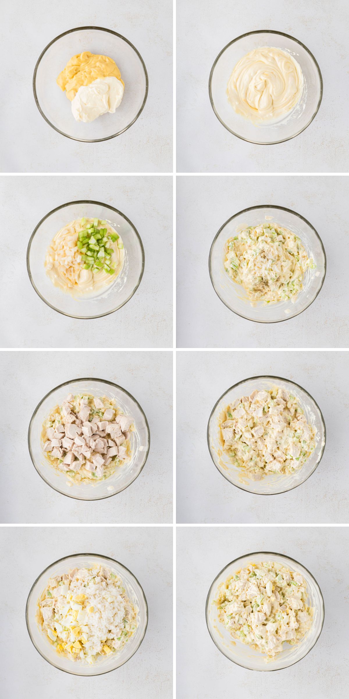 An eight image collage showing adding ingredients for the filling of the chicken salad casserole into a clear bowl and stirring to combine as added.