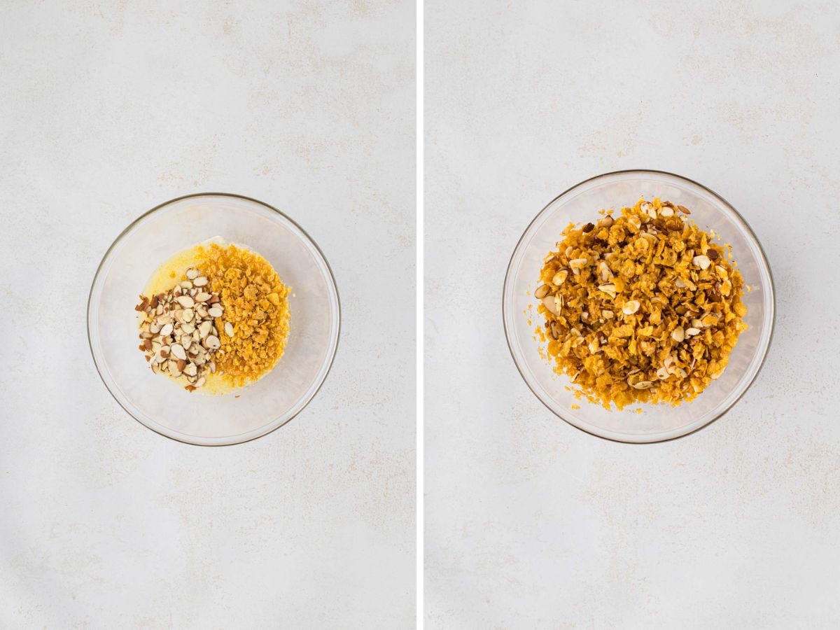 Side-by-side image of a glass ball with cornflakes melted butter and sliced almonds, and then it stirred to combine.