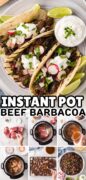 Two images of the beef barbacoa recipe are shown. The top image is the beef made into tacos and the second is a step by step process shot.