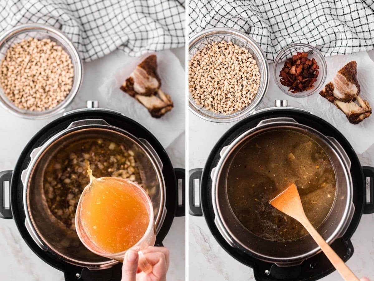 A side-by-side image of slowly pouring in chicken broth and using a wooden spatula to deglaze the pan.