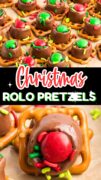 Square pretzels with rolos and dandies are made in red and green for Christmas in this 2 image collage.