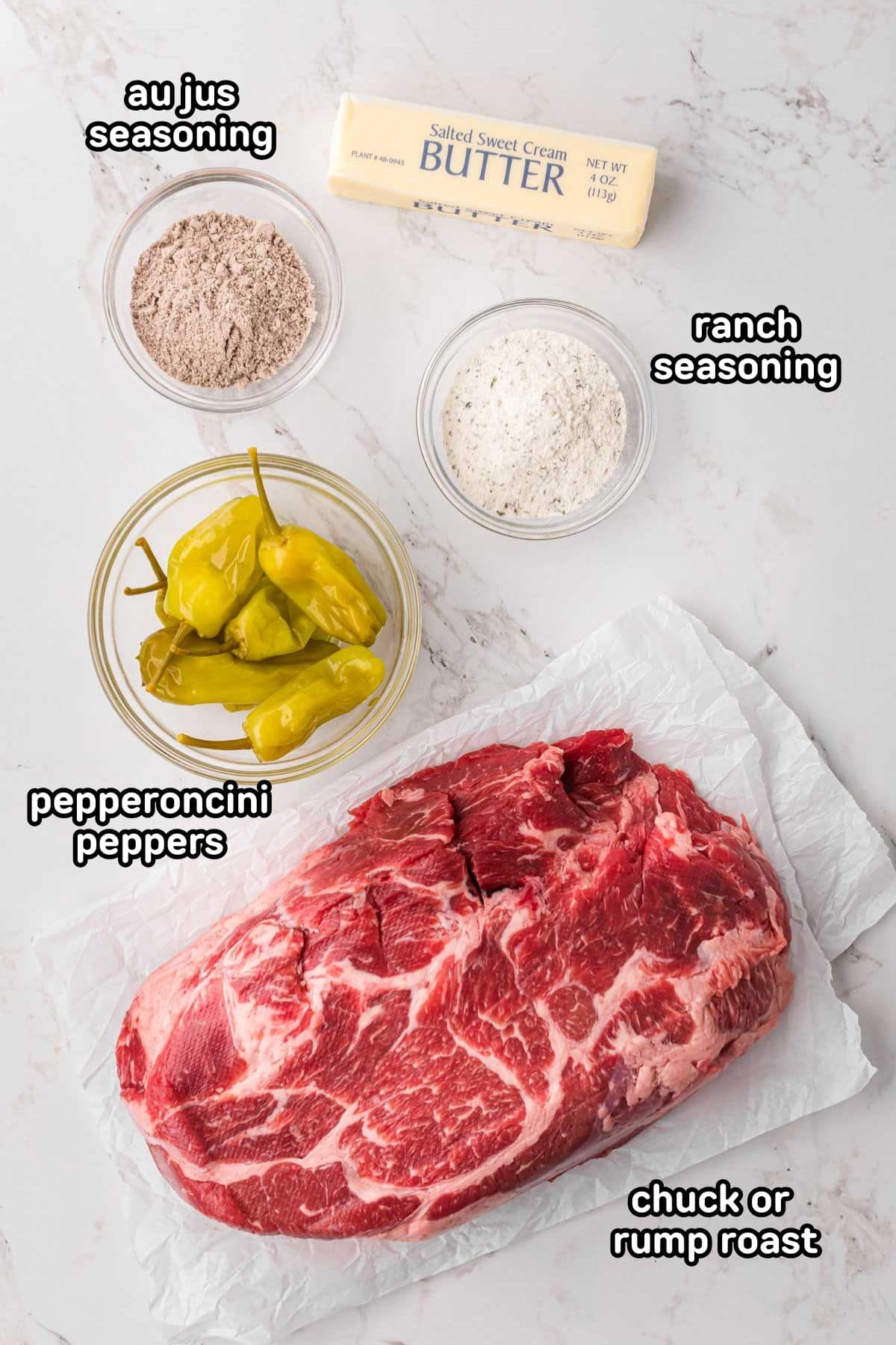 A labeled image of ingredients needed to make Mississippi pot roast.