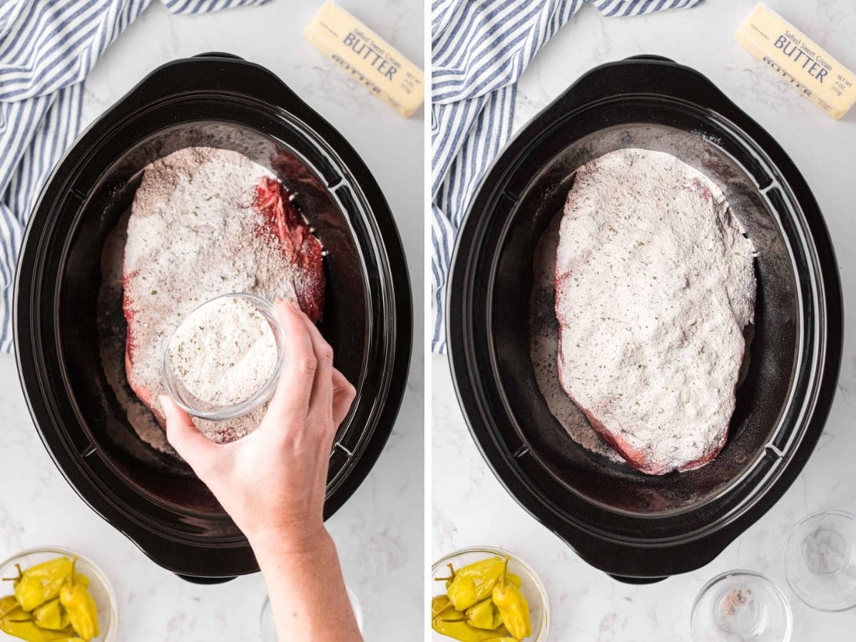 A side-by-side image of sprinkling on ranch seasoning, and then the roast covered and all seasonings.