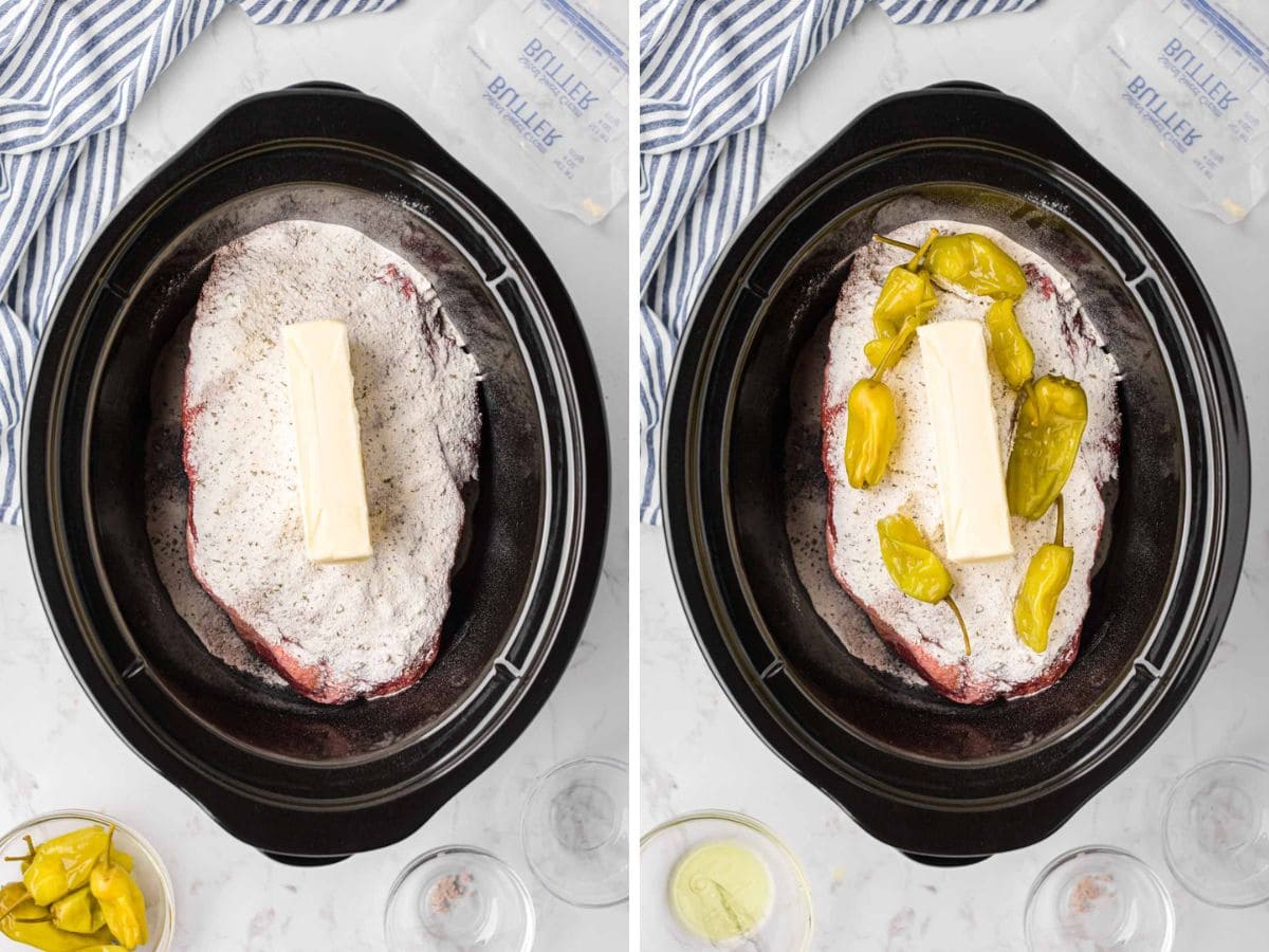 Side-by-side image of a stick of butter, added to the top of the roast and then pepperoncini peppers arranged around the butter.