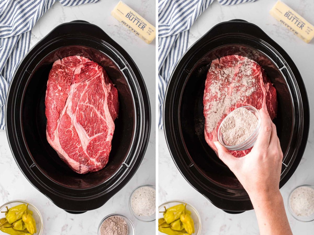 A side-by-side image of a chuck roast and a slow cooker and then Ajou seasoning poured on top.