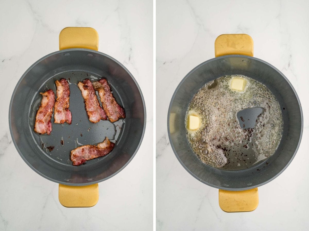 Side by side photos of cooking bacon in a pot and then adding butter to the pot.