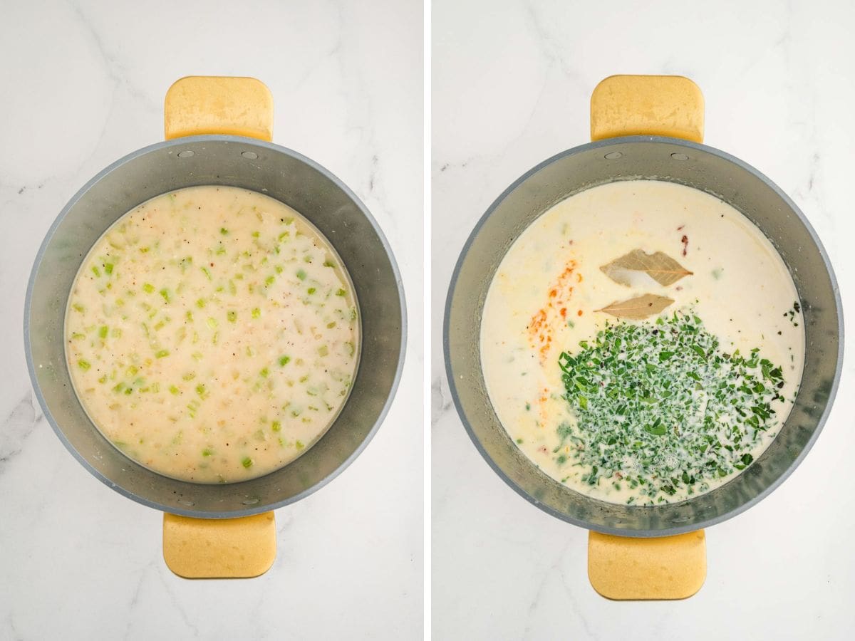 Side by side photos of adding the liquids, parsley and bay leaves to the pot.