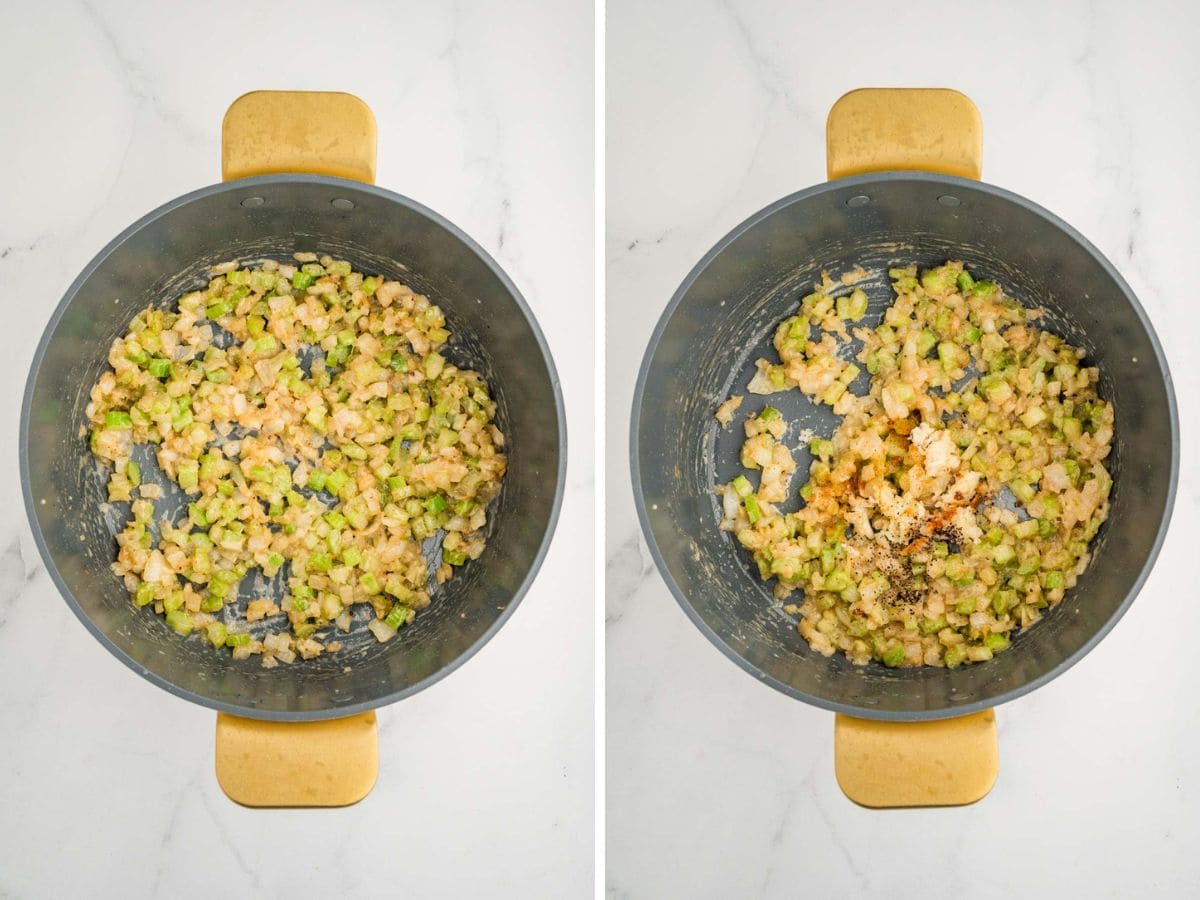 Side by side photos of cooked veggies with flour and seasonings added.