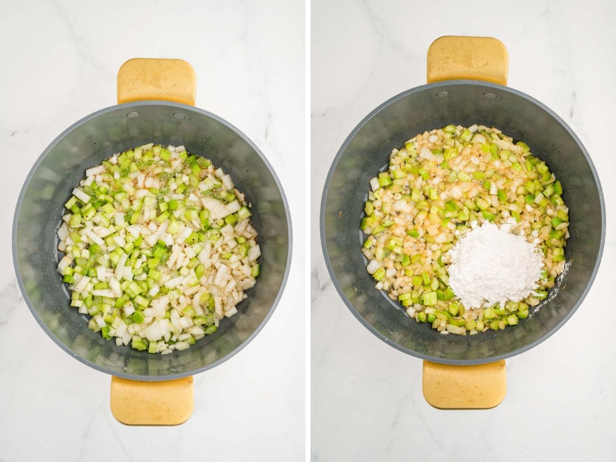 Side by side photos of cooking the chopped veggies in the butter and then adding flour.