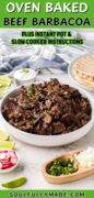 Beef barbacoa is shredded in a white bowl with the taco ingredients in bowls surrounding.