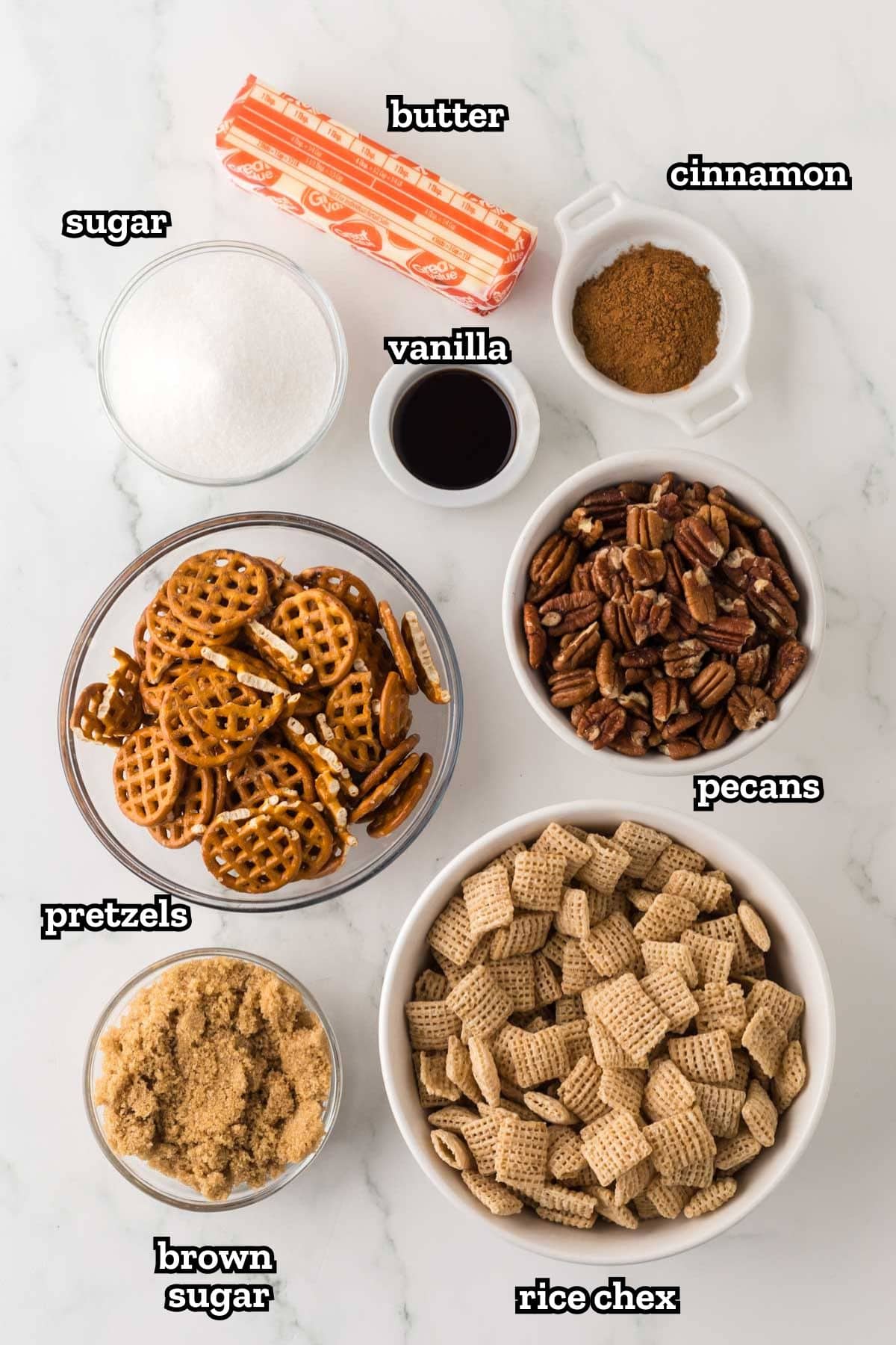 Ingredients needed for praline snack mix.