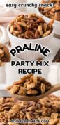 Praline party mix recipe is a snack mix made with Chex that is pictured in a white bowl.