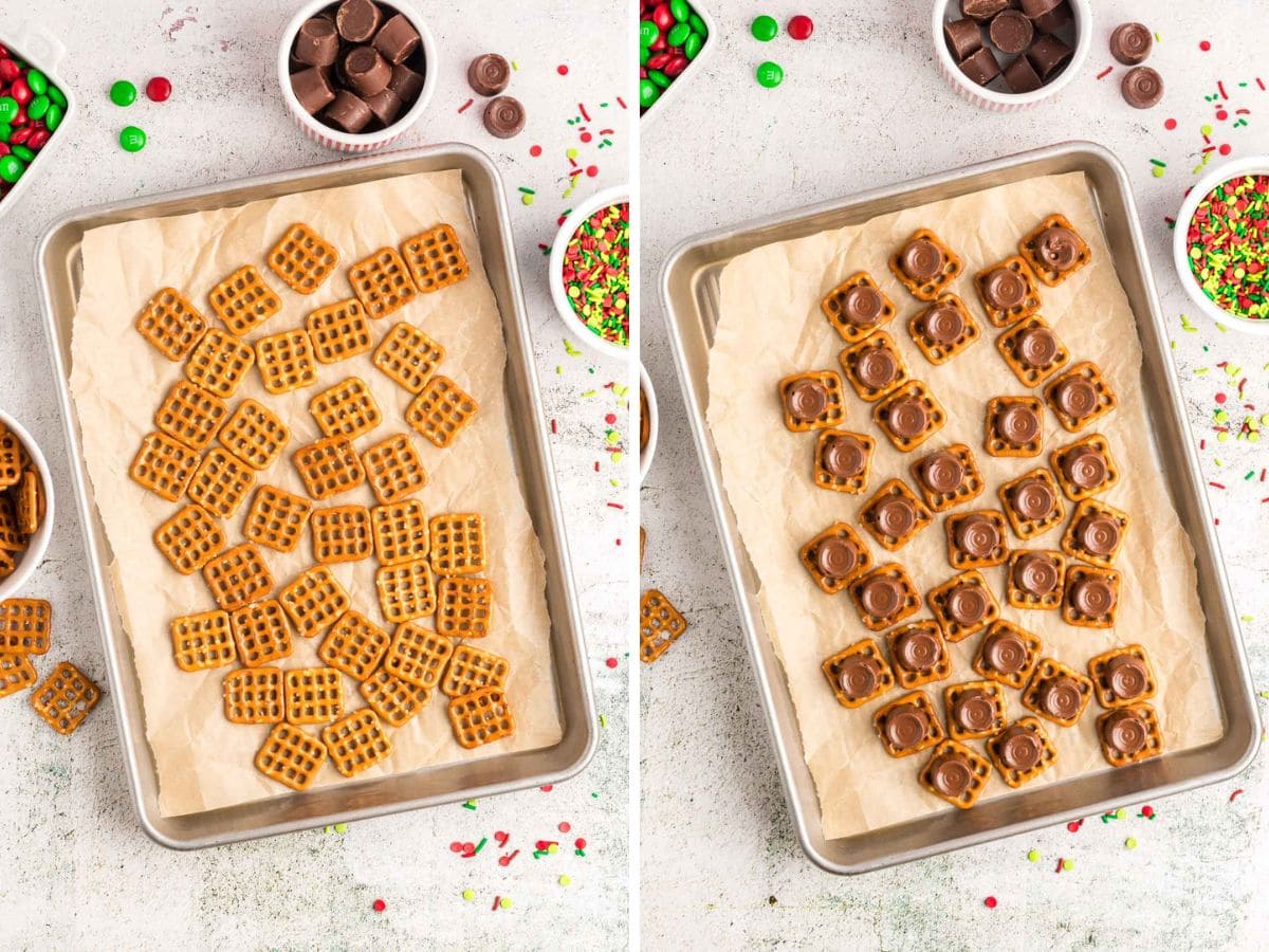 A side-by-side image of pretzels laid out on parchment paper and a Rollo added to the top of each one.