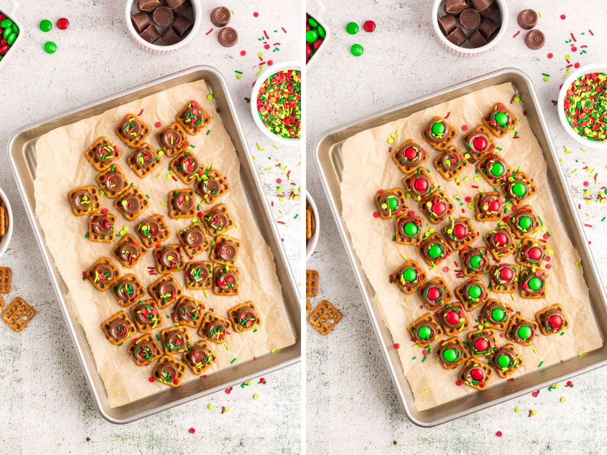 A side-by-side image of sprinkles added on top of Rolo and then an M&M placed on top of each one.