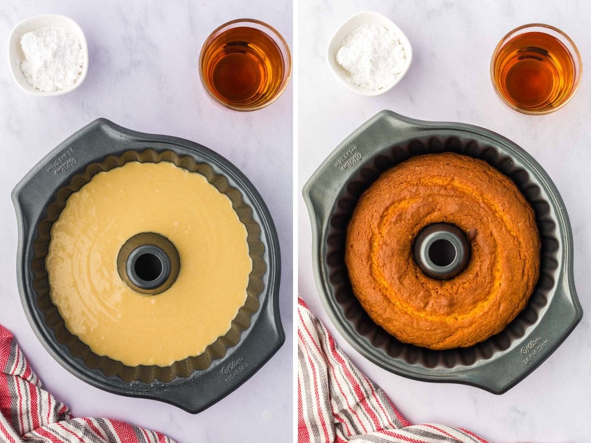 Side by side photos of the rum cake in the bundt pan before and after being baked.