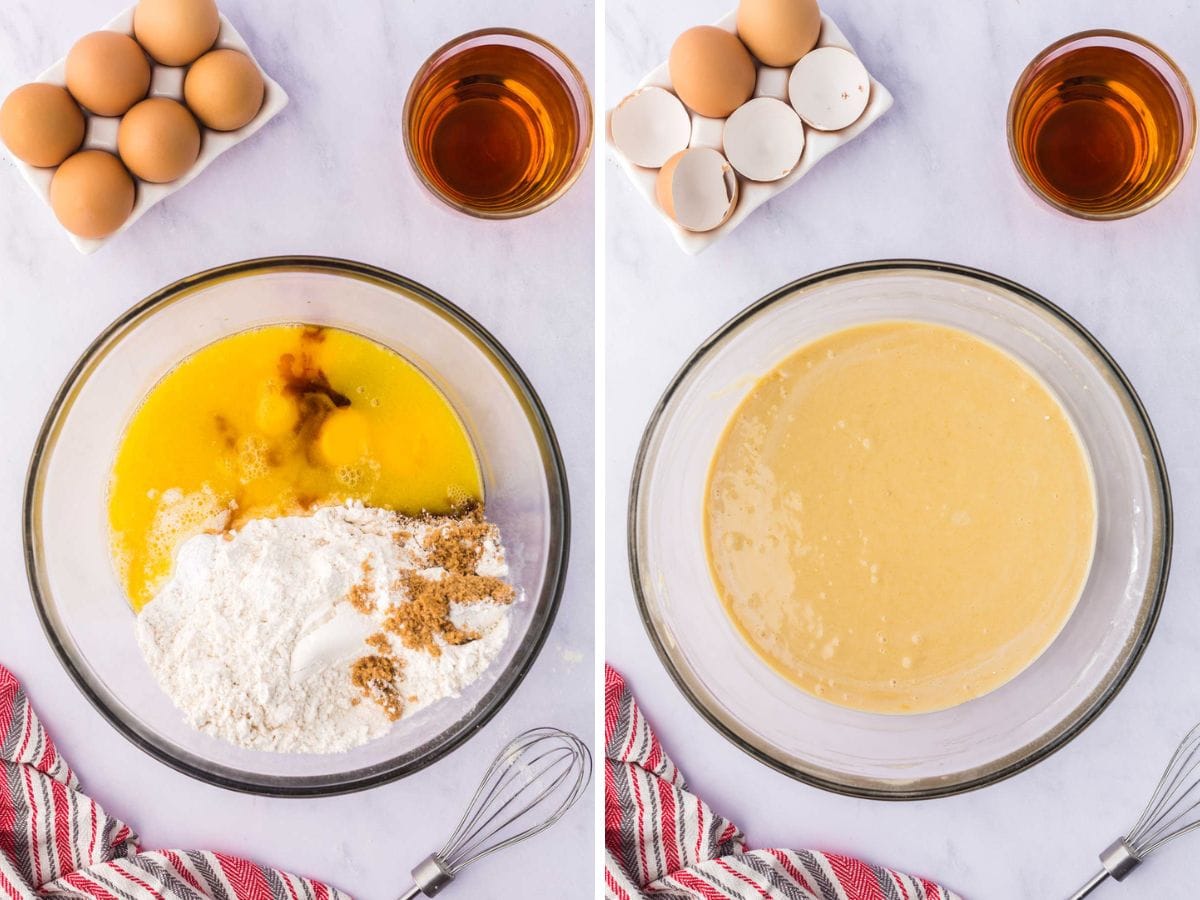 Side by side photos of making the rum cake batter in a glass mixing bowl.