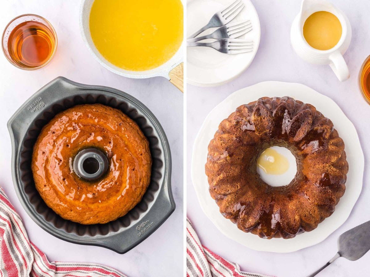 Side by side photos of the cake before and after flipping it out of the pan.