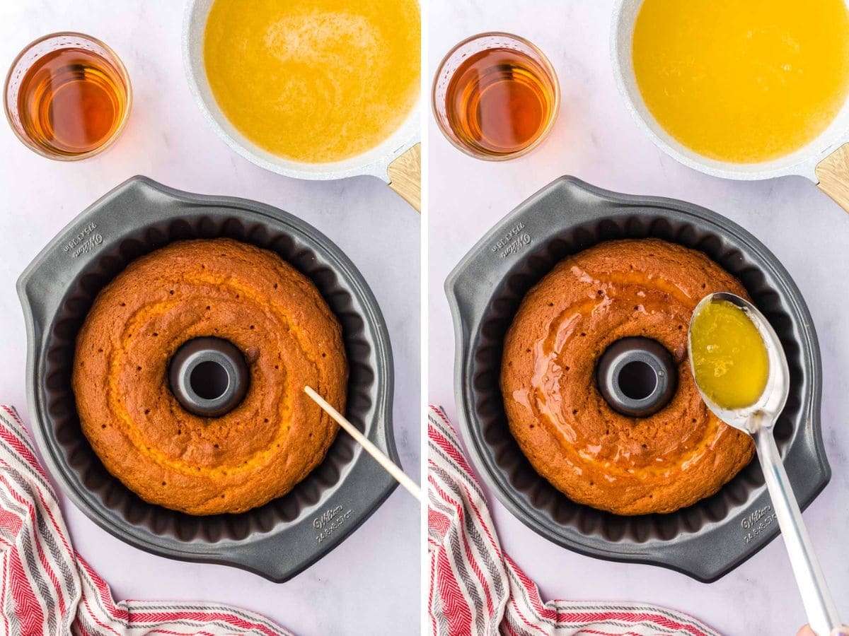 Poking holes in the baked cake and pouring half of the glaze over the cake.