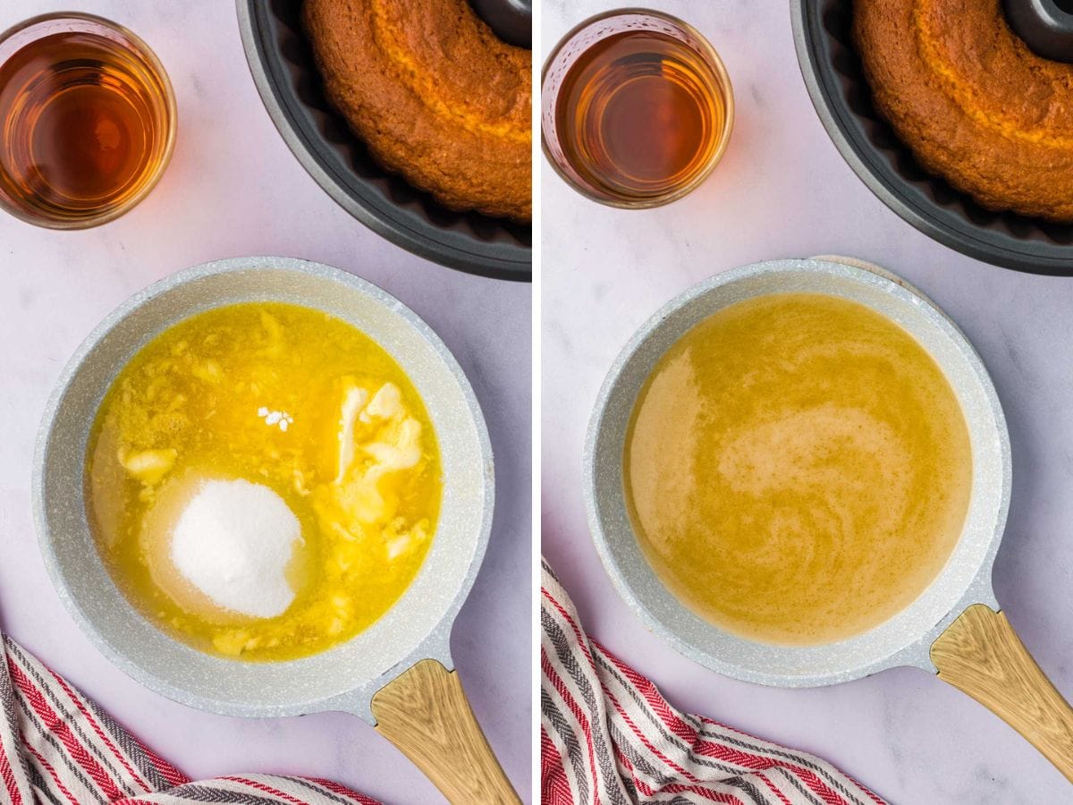 Side by side photos of making the glaze for the rum cake.