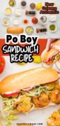 A 2 image collage shows the ingredient list on the top and the full sandwich on bottom for the Po Boy Sandwich recipe with fried shrimp.