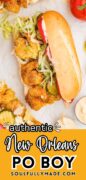 A New Orleans Shrimp Po Boy sandwich is displayed here ready to serve.