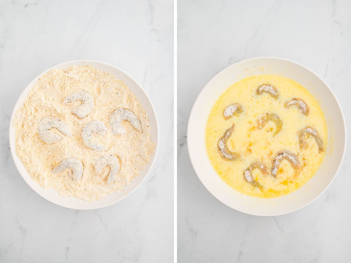 Side by side photos of breading the shrimp.