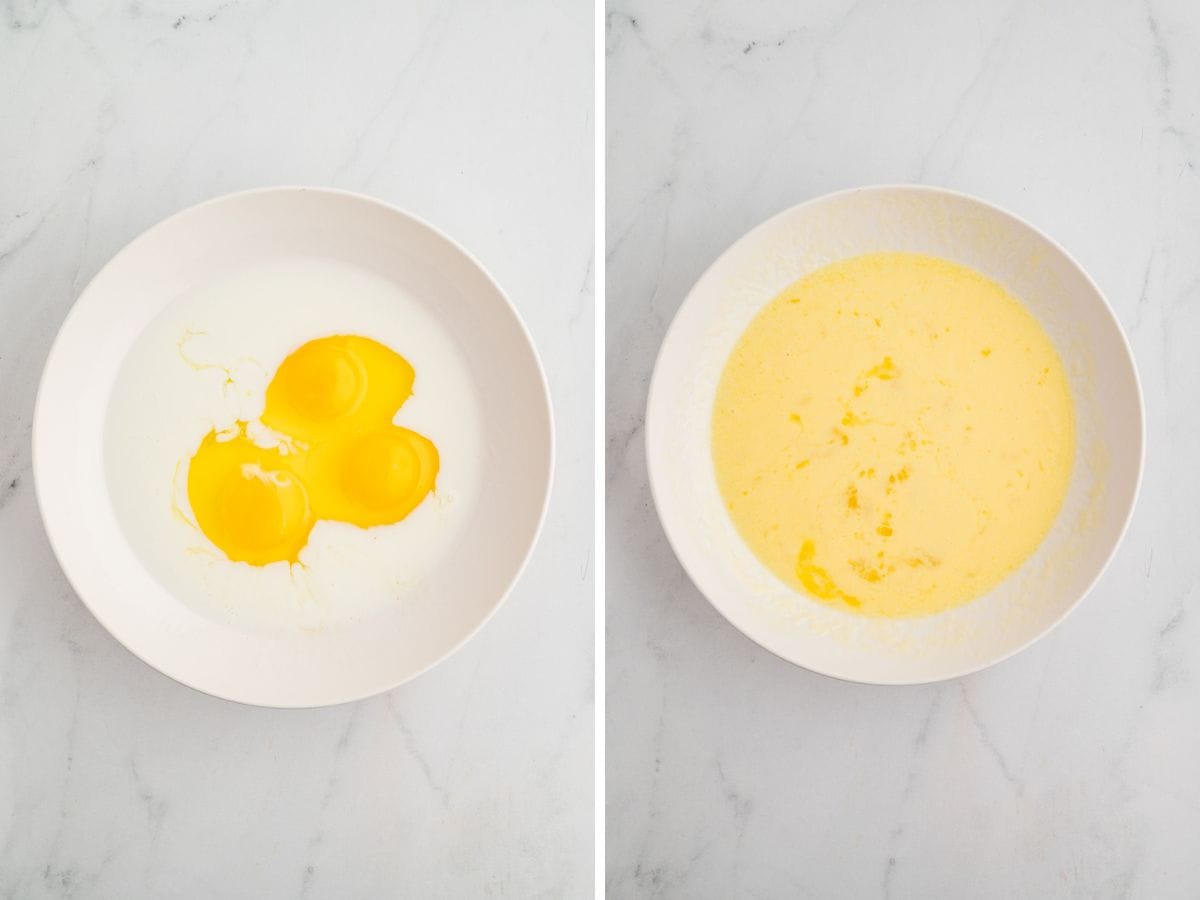 Side by side photos of mixing the milk and eggs in a bowl.