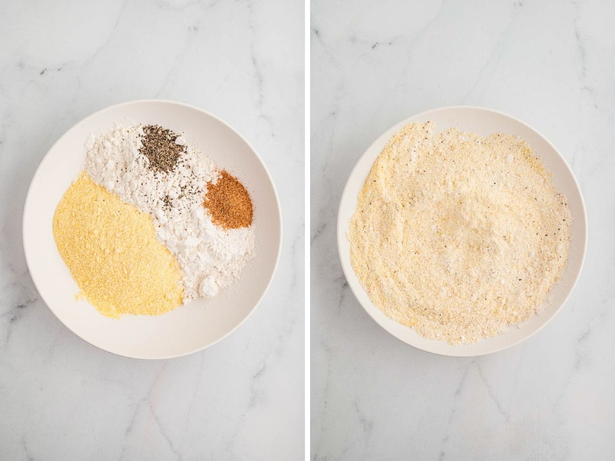 Side by side photos of combining flour, cornmeal and spices in a bowl.