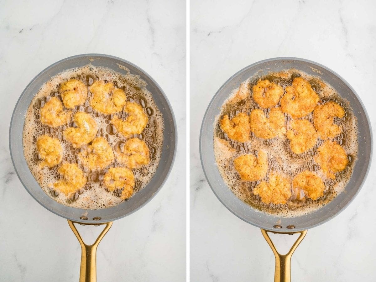 Side by side photos of frying the breaded shrimp.