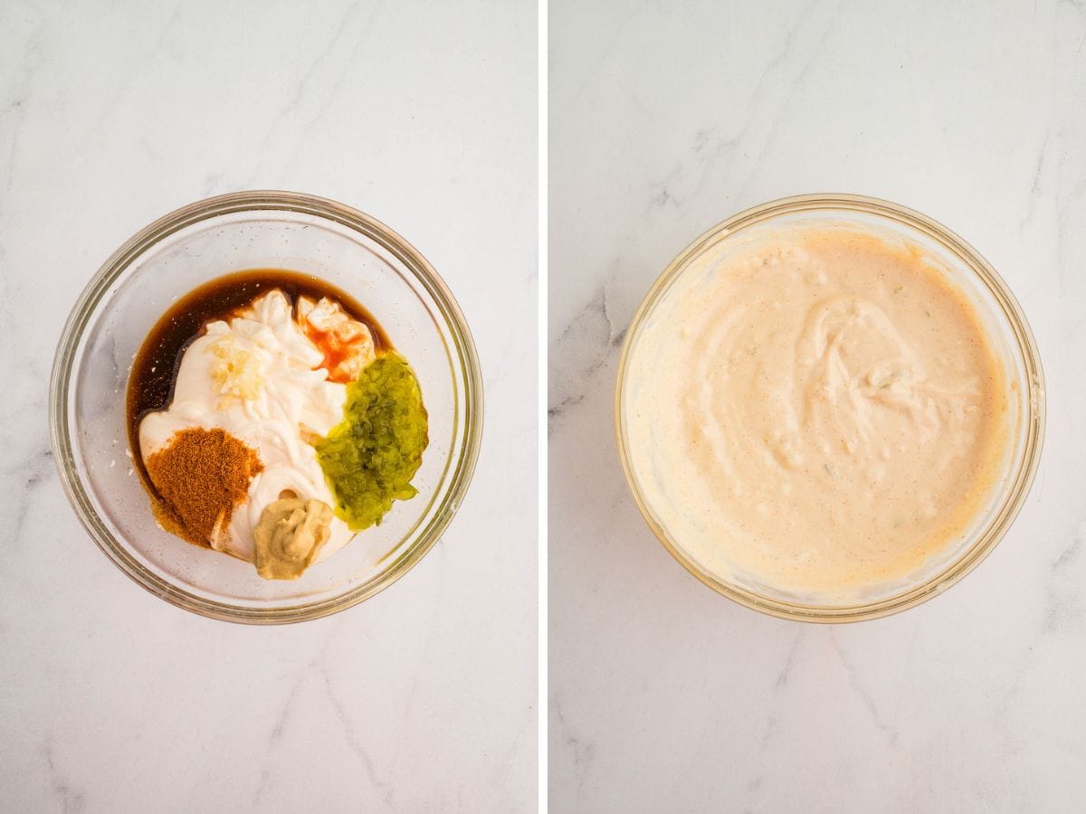 Side by side photos of making the Creole remoulade sauce in a mixing bowl.