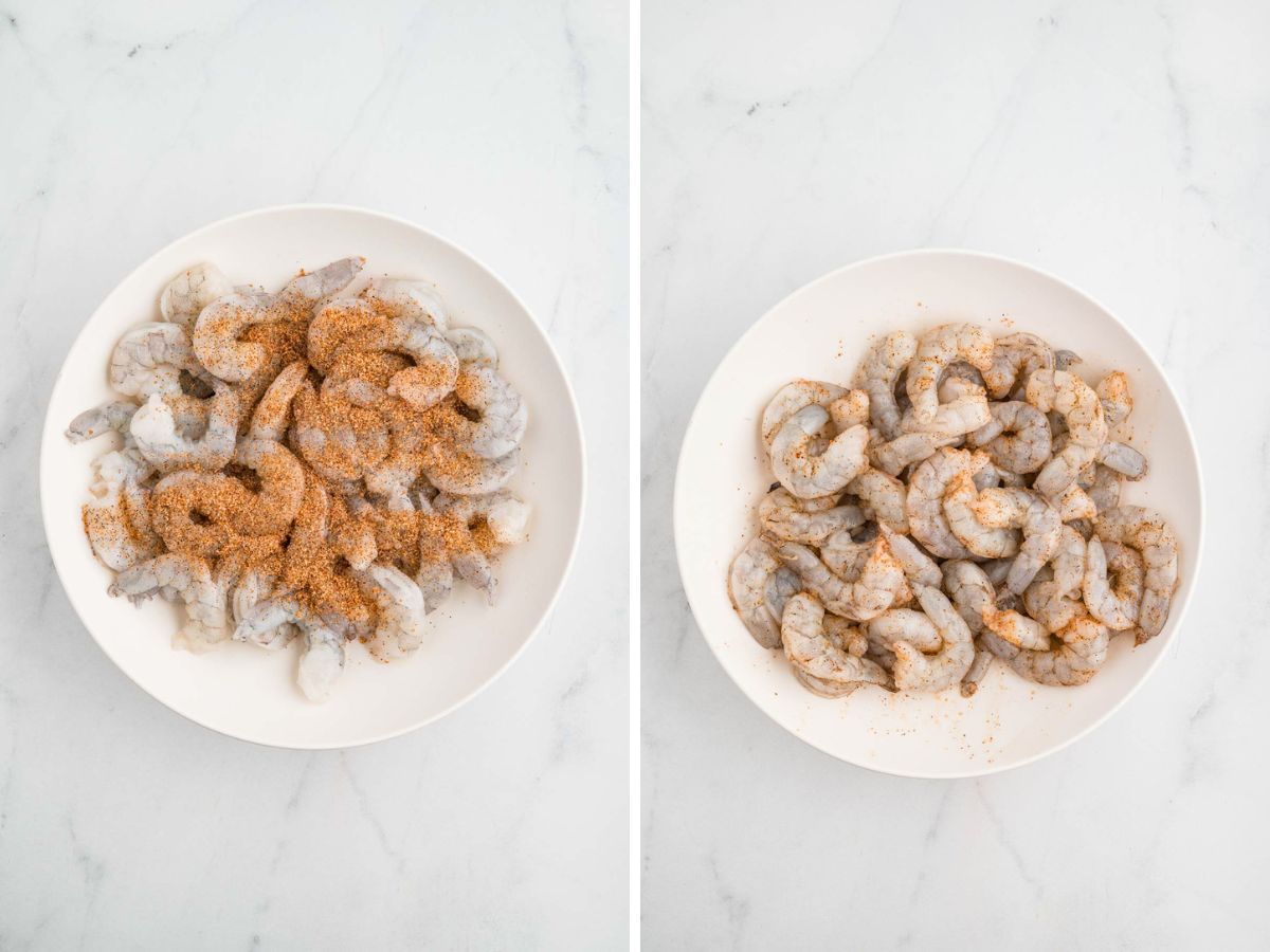 Side by side photos of seasoning the raw shrimp in a bowl.