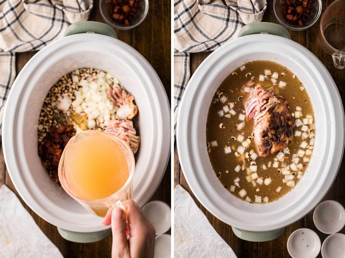 A side-by-side image of broth being poured over the peas, and then after it start together in the crockpot.