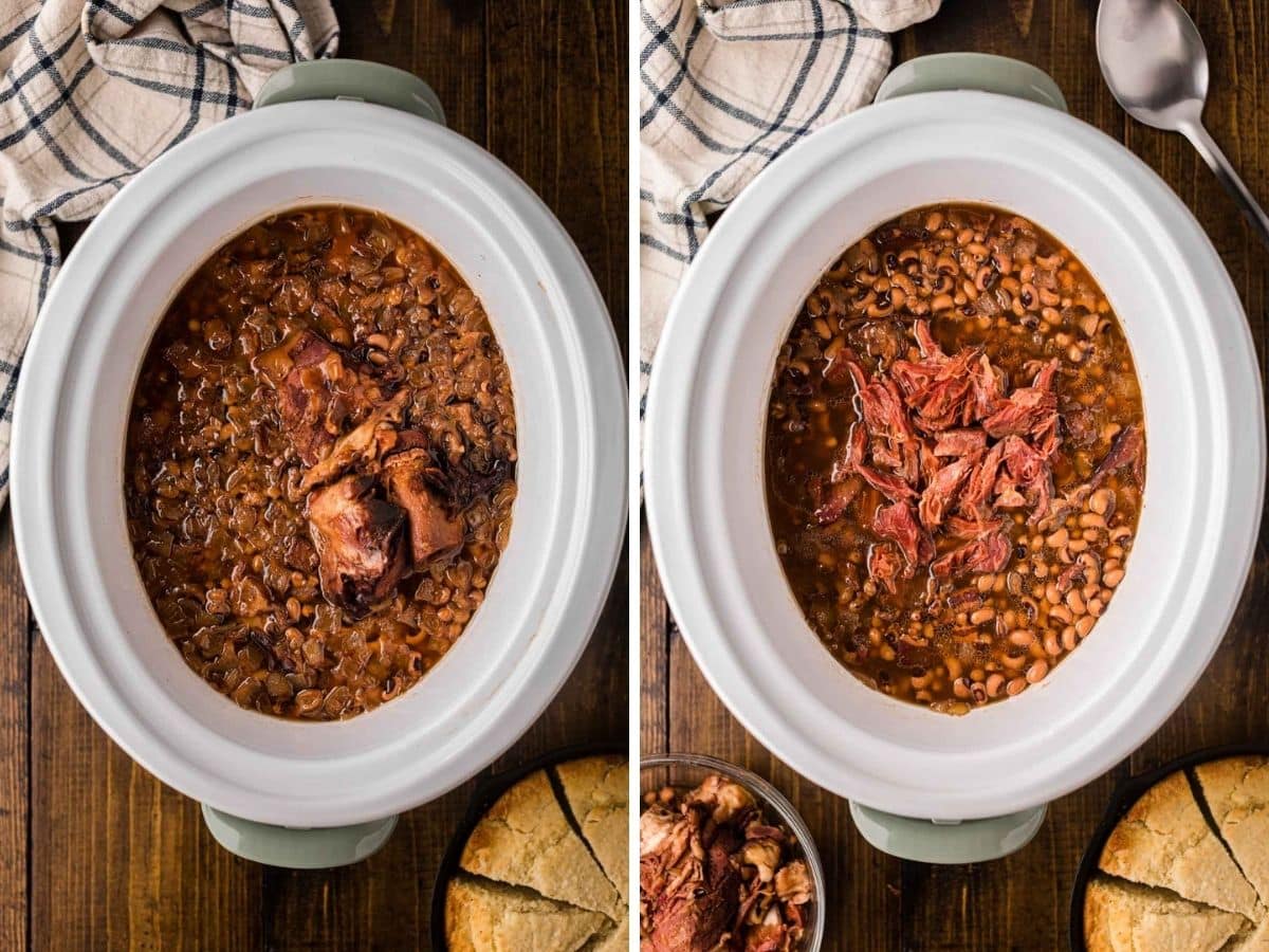 A side-by-side image of the ham with the cooked Black Eyed Peas and then shredded, and added back in to the cooked peas.