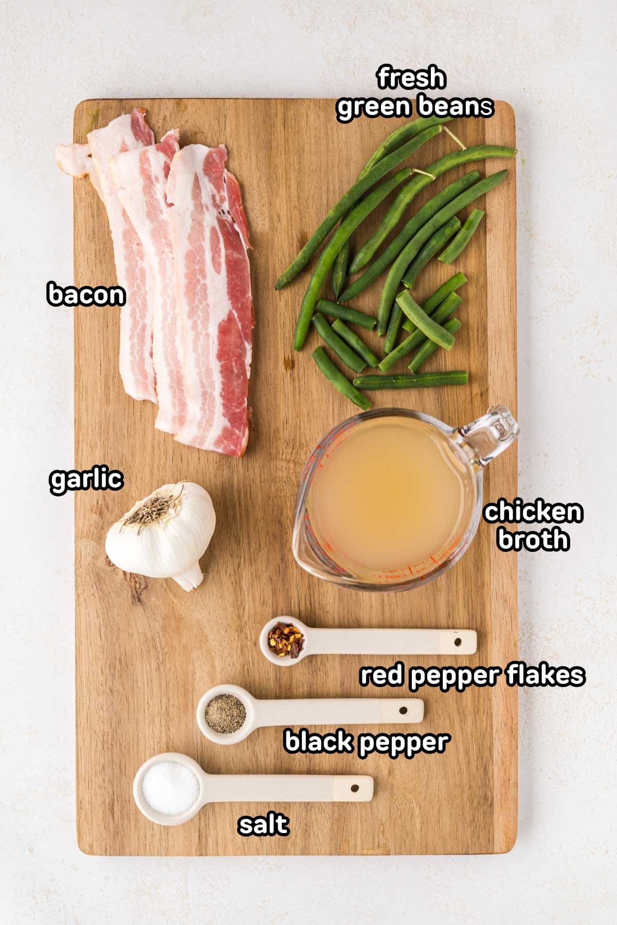 A labeled image of ingredients needed to make southern style green beans.