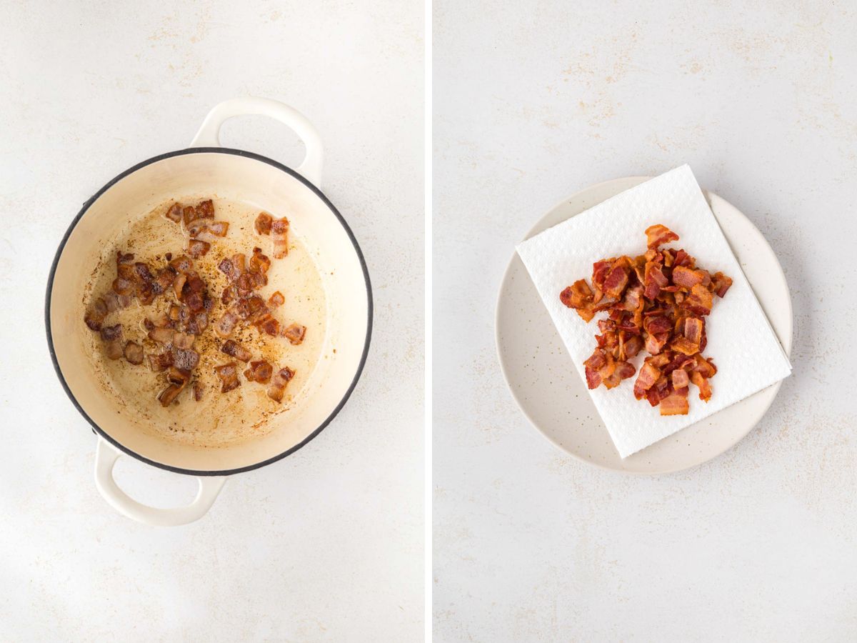 A side-by-side image of bacon pieces cooked in a pot and then moved to a paper towel line plate to drain.