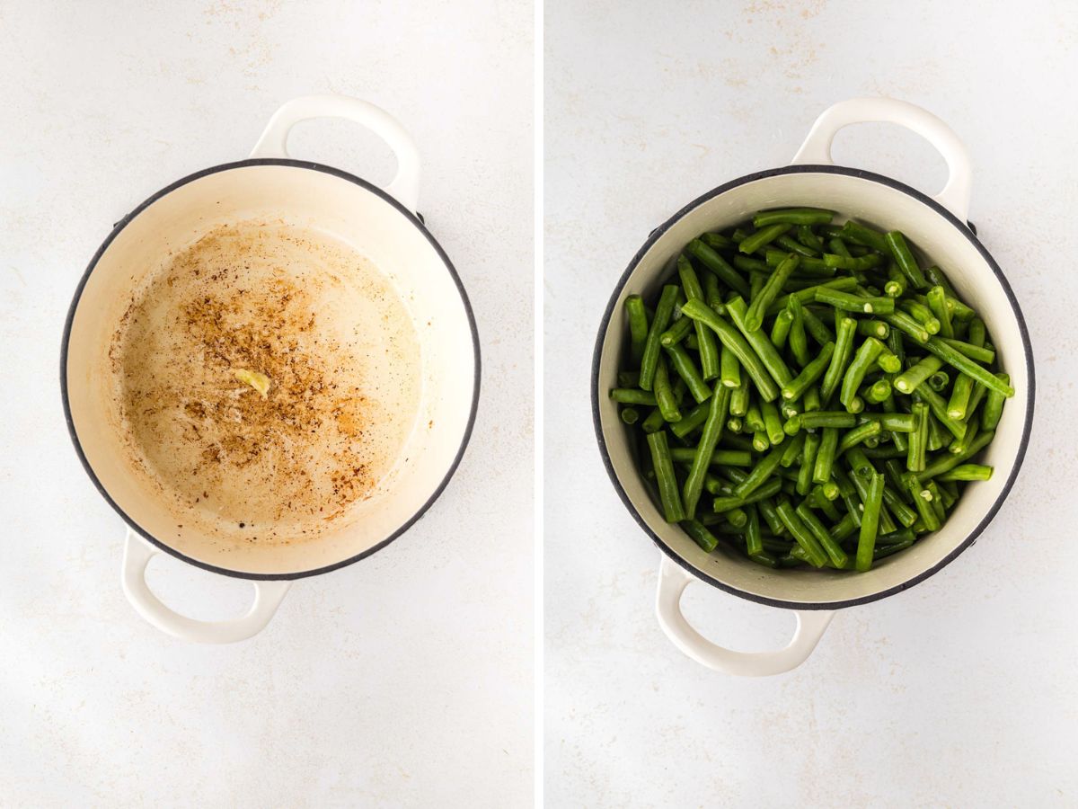 Side-by-side image of garlic, added to the pot along with green beans to sauté.